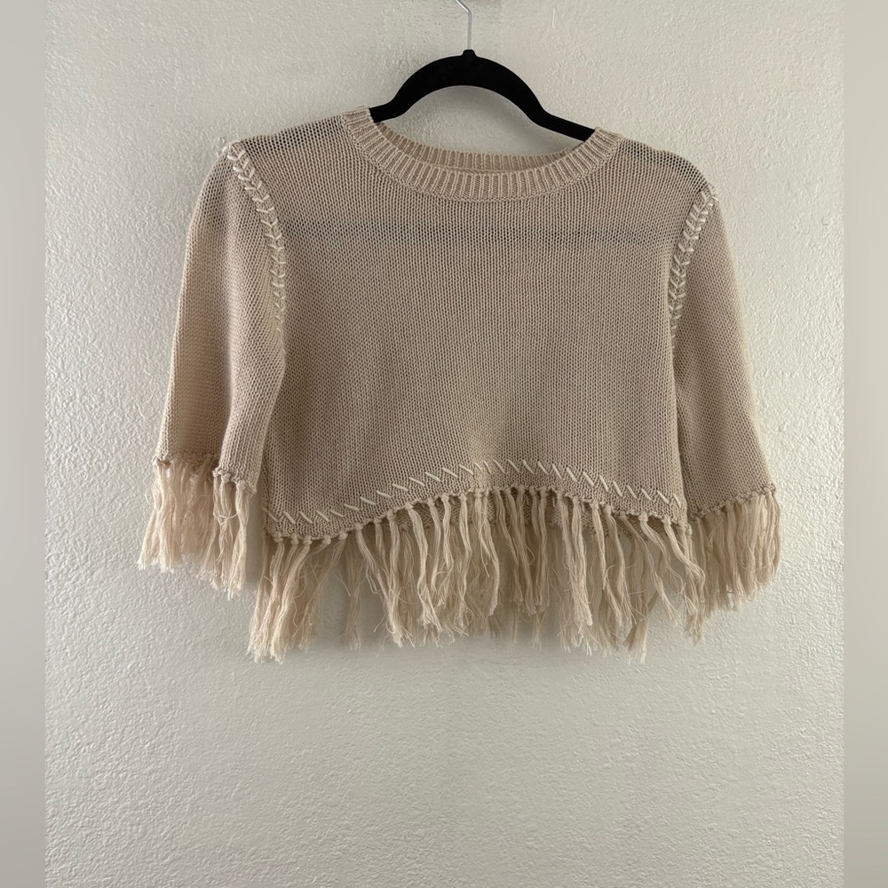 K/lab  Sweater Womens Small Oatmeal Beige round neck Knit Fringe size S